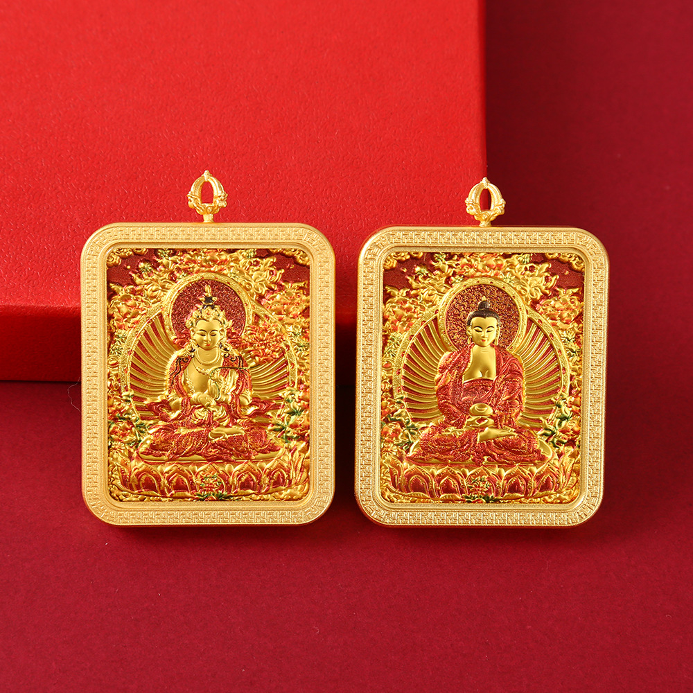 单面藏式浮雕合金唐卡文殊普贤本命佛随身佛牌黄财神吊坠详情8