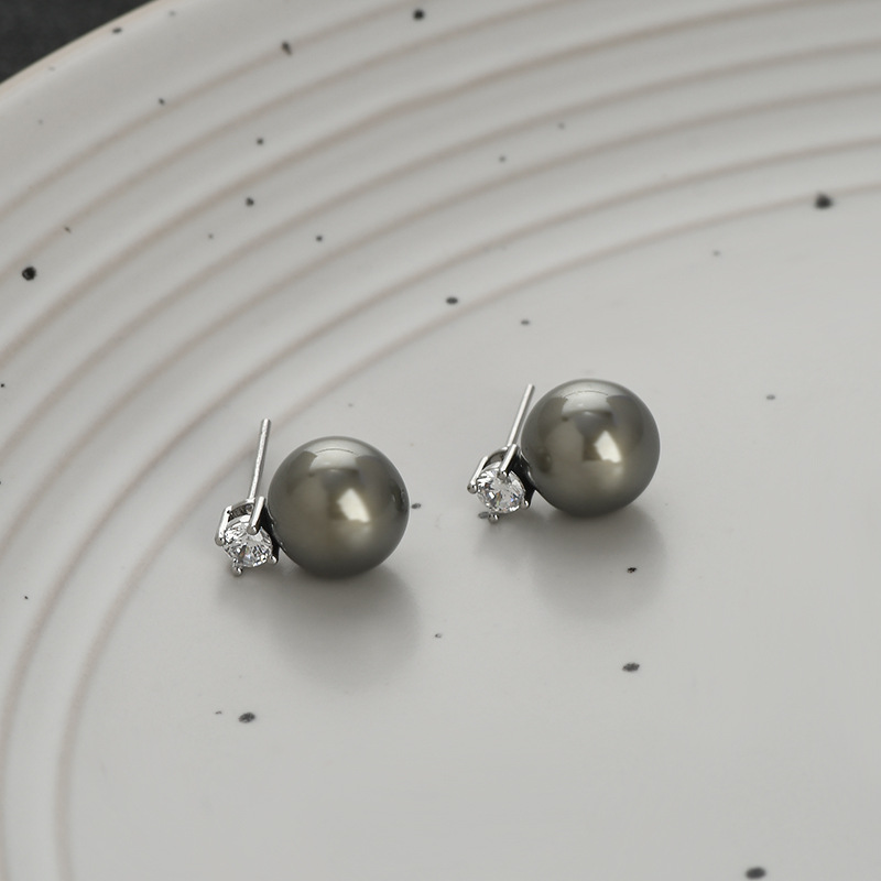 高级感简约浅灰色玻璃珍珠微镶锆石S925银针百搭耳钉气质耳饰耳环详情15
