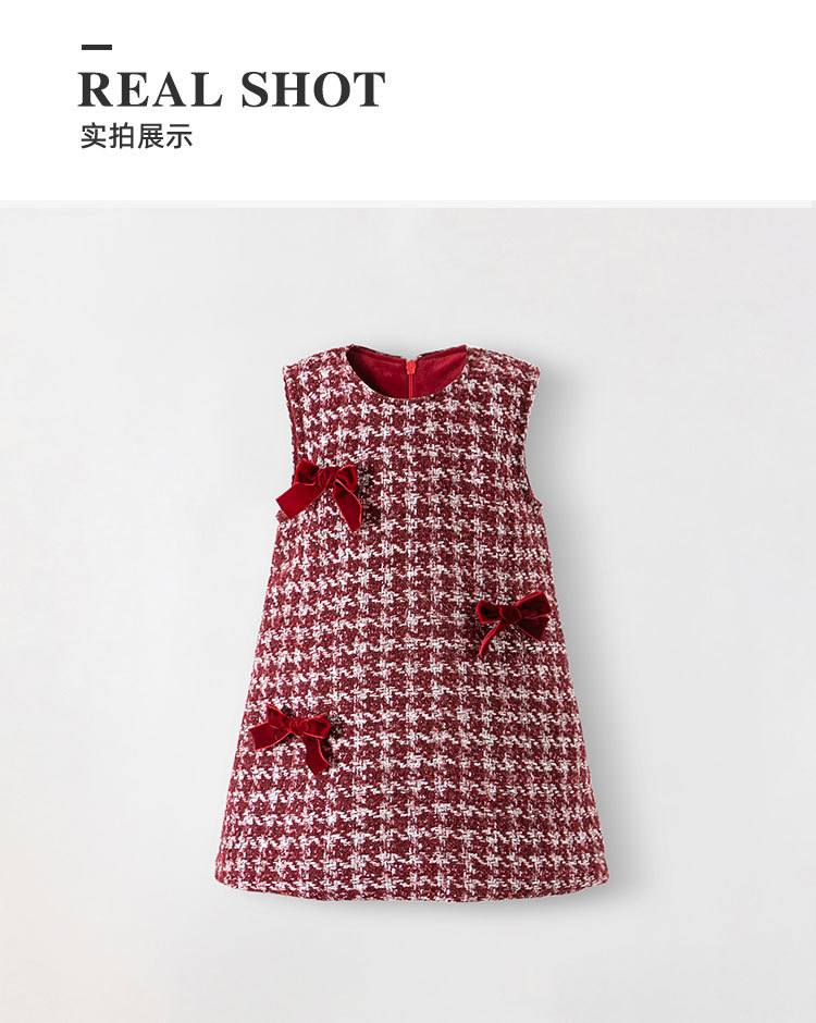 女童小香风连衣裙2024秋冬新款儿童圣诞节气质蝴蝶结加绒背心裙子详情7