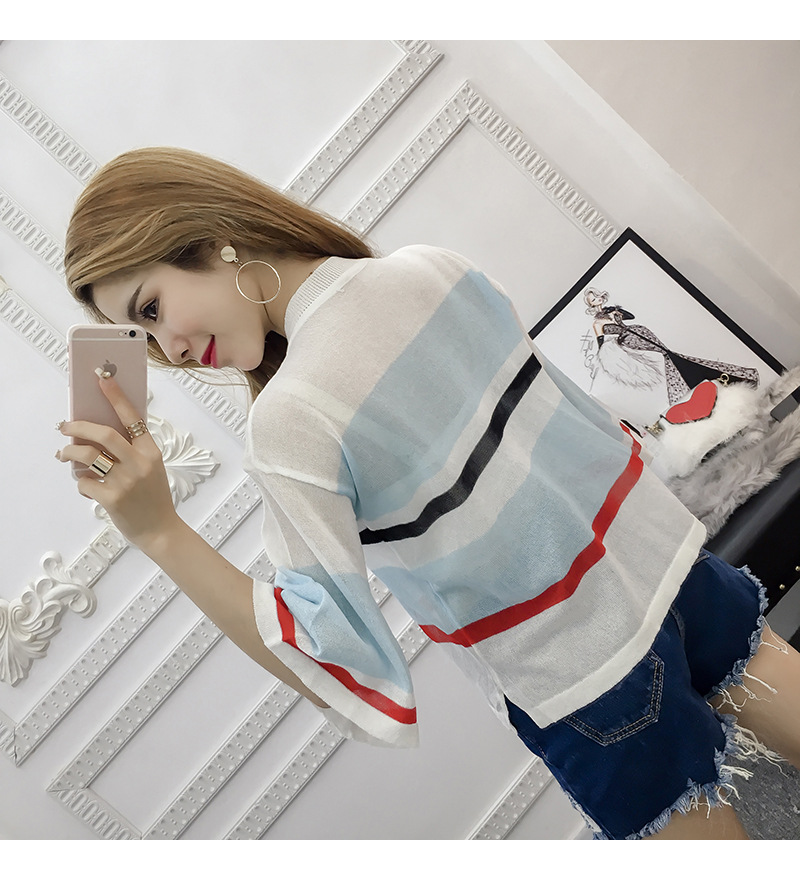 Korean-style striped thin cut-out see-through knitted sweater for women, half-sleeved loose large-sized flared sleeve top pic 5