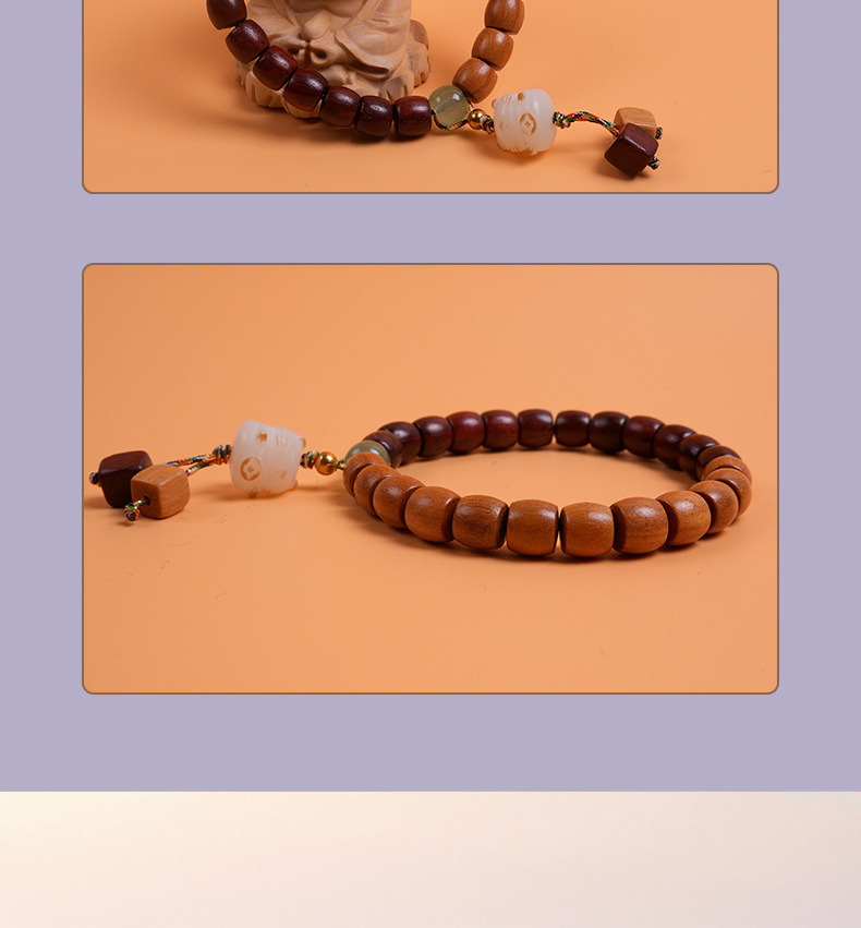 Retro blood sandalwood and sandalwood wood barrel bead single-loop bracelet, sandalwood mixed style couple bracelet, charcharcoal maneki Neki pendant, cultural and artistic bracelet, cultural and artistic Buddhist prayer beads pic 10