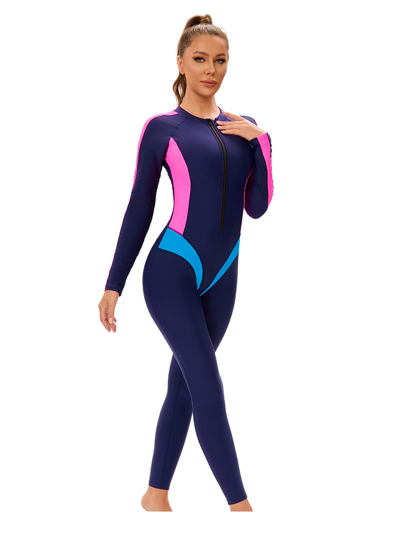 New color-block one-piece Muslim swimsuit for women, cross-border long-sleeved and long-sleeved trousers, conservative full-body zip-up swimsuit pic 5