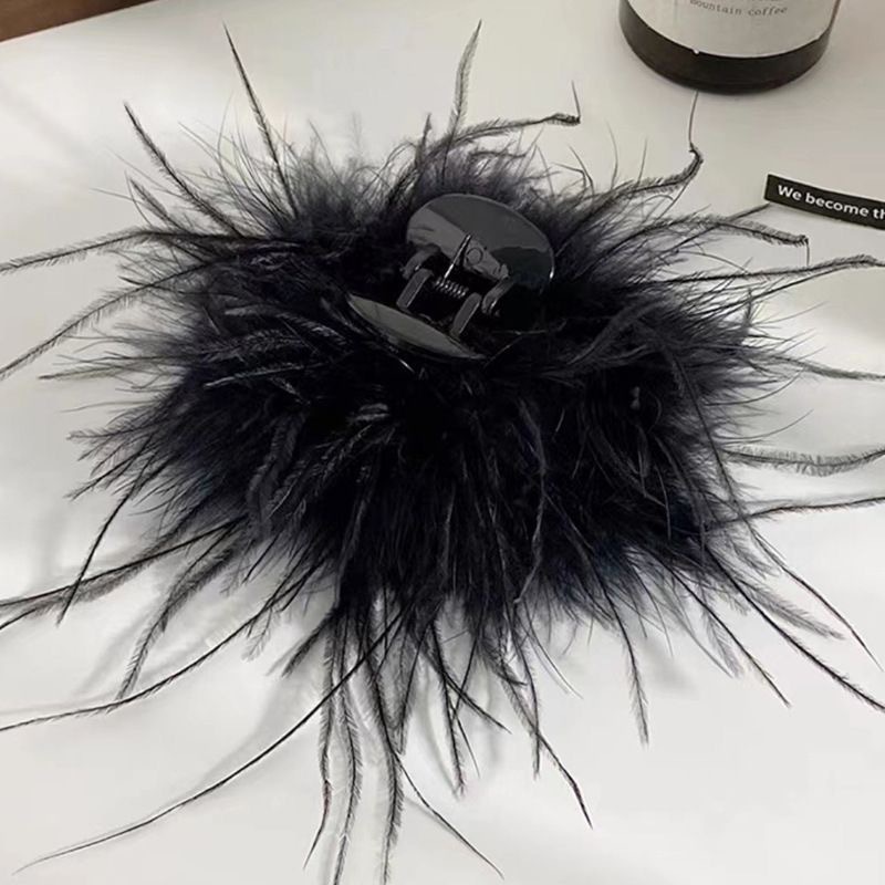 鸵鸟毛高级ins羽毛抓夹大号超仙后脑勺冬季新款毛毛发夹鲨鱼夹女详情6