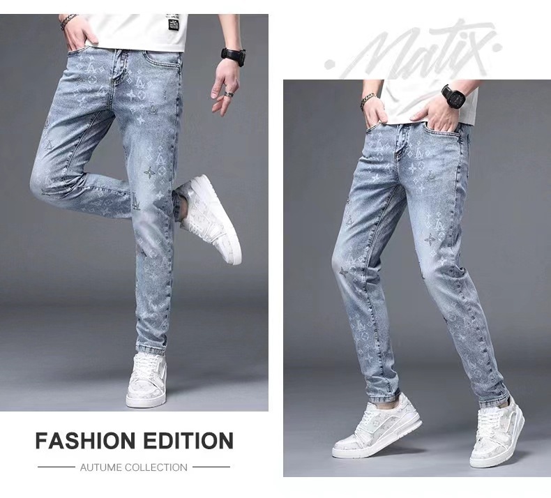 2024 Summer thin, high-end printed, embossed and diamond-encrusted jeans for men, slimming Korean style, versatile, elastic and casual long pants for men pic 5