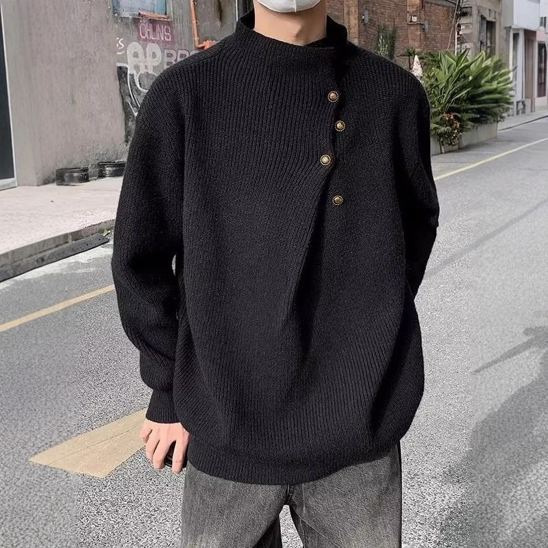 A high-neck sweater with an irregular button design, a stylish and laid-back oversized knitted top from a Korean streetwear brand pic 2