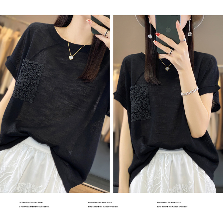 圆领亚麻冰丝短袖t恤女夏季洋气时尚百搭减龄别致薄款针织衫上衣详情1