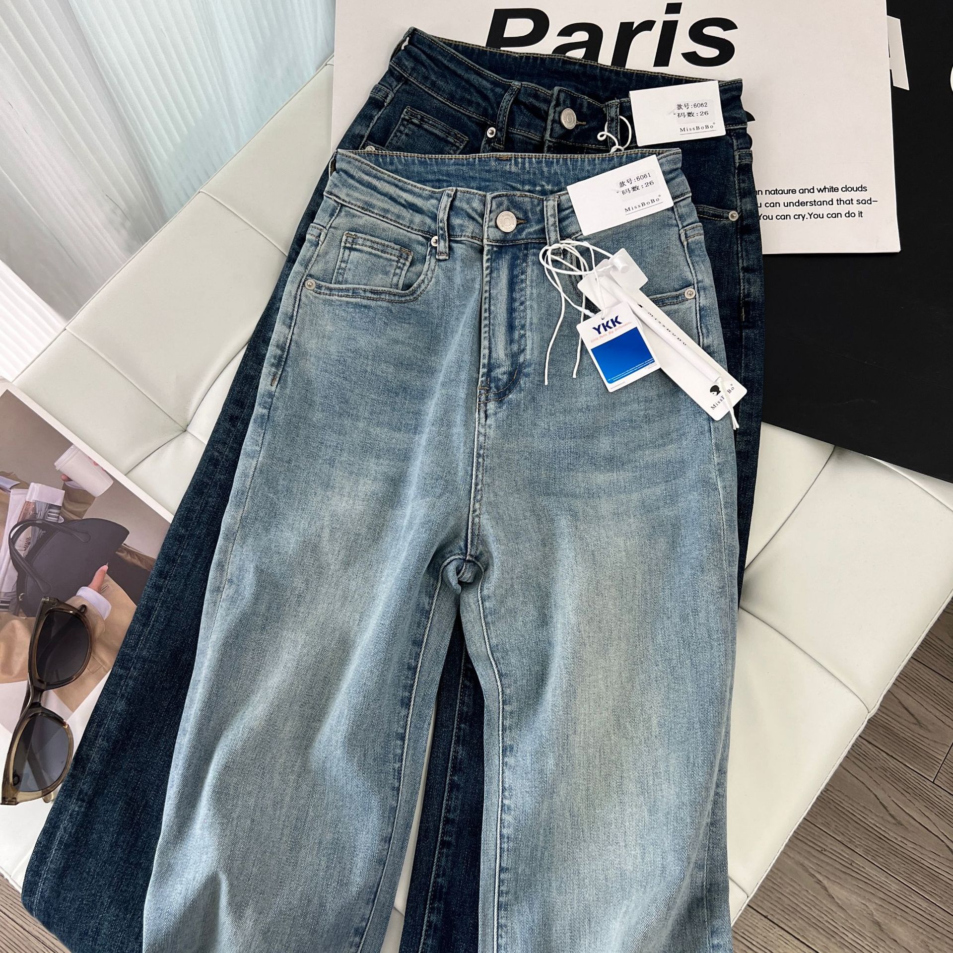 设计口袋！大Pai范直筒裤 高腰显瘦阔腿牛仔裤女春秋弹力长裤子详情11