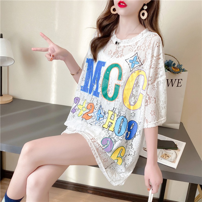 A real photo of a fresh and semi-transparent flower-patterned short-sleeved T-shirt for women in 2022 summer. A very ethereal Korean-style base layer pic 9