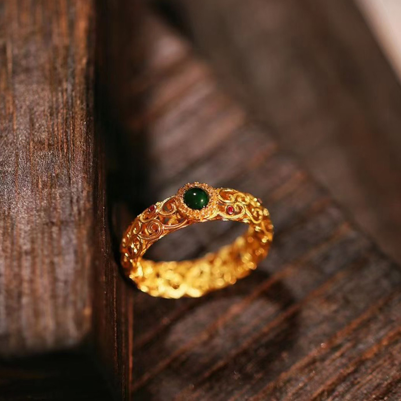 Natural jade A-grade carved ring for men and women, 925 silver thread inlaid with ancient method hollowed-out ring, retro court style pic 7