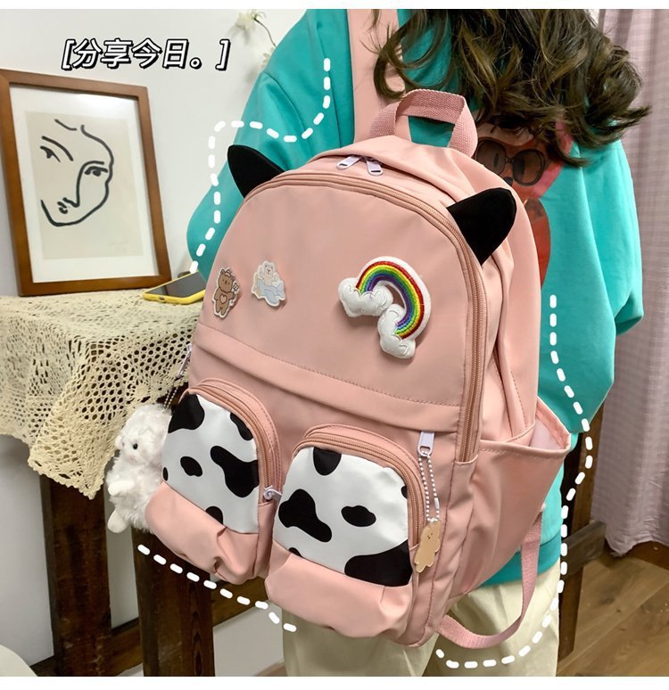 Japanese-style ins campus school style, fresh and cute, cute cow with earbuds, soft girl schoolbag, funny student backpack pic 9