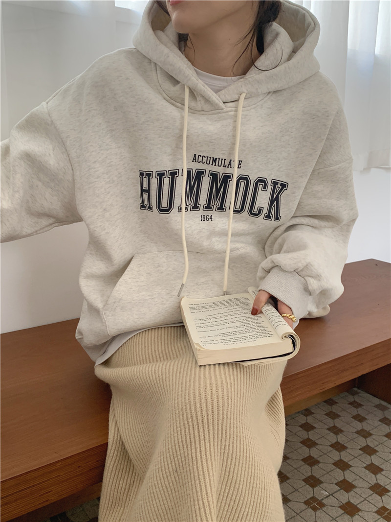 Letter-printed pullover with fleece hooded sweatshirt for women 2023 autumn/Winter new style Korean loose and versatile long-sleeved top pic 20