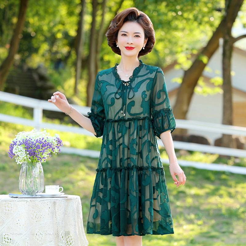 年轻妈妈时尚雪纺连衣裙加大码女中长款短袖夏季新款遮肚过膝长裙详情2