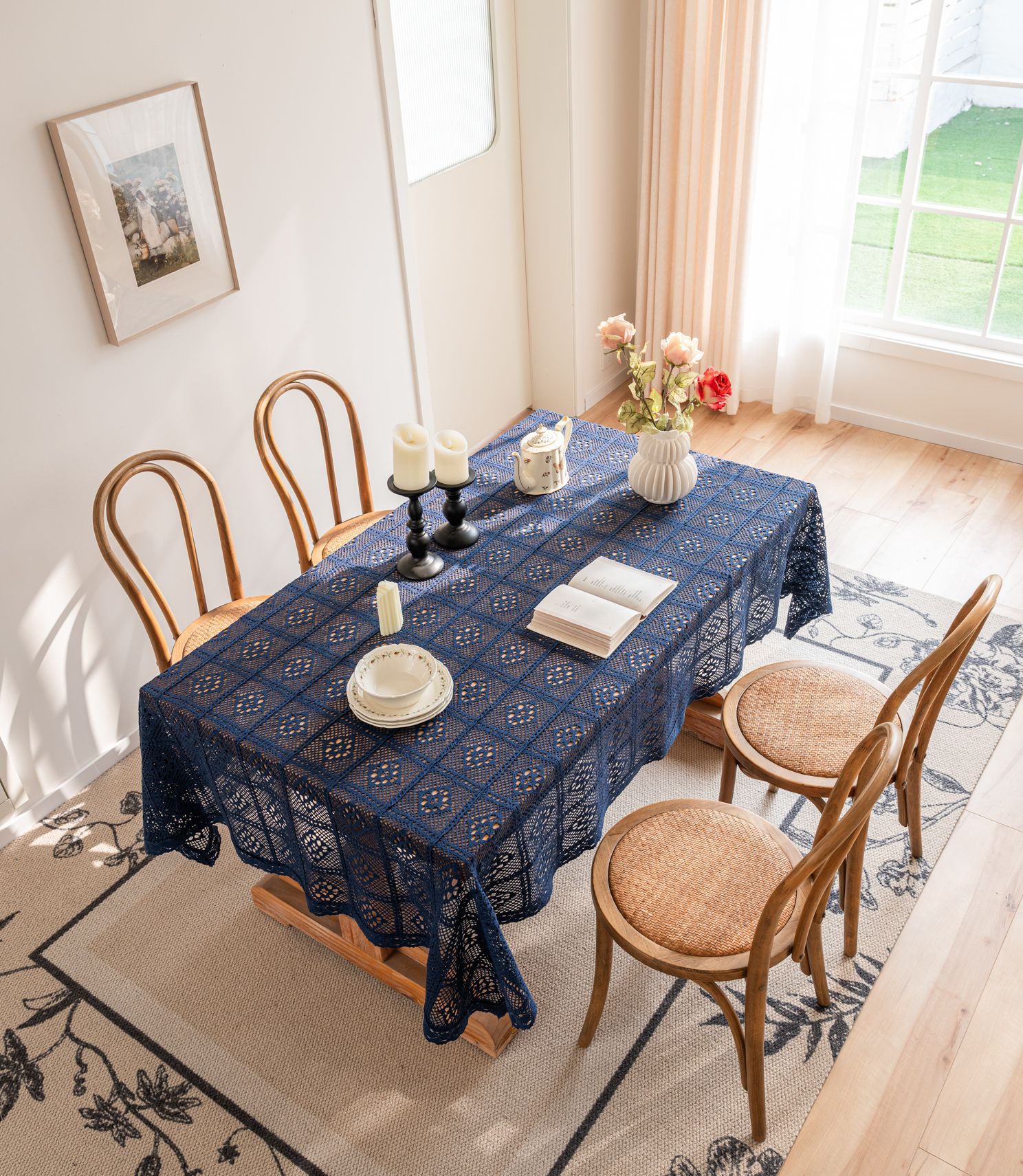 Cross-border hollowed-out hidden deep blue tablecloth, retro crochet photo art book, personalized cotton thread woven tablecloth cover pic 16