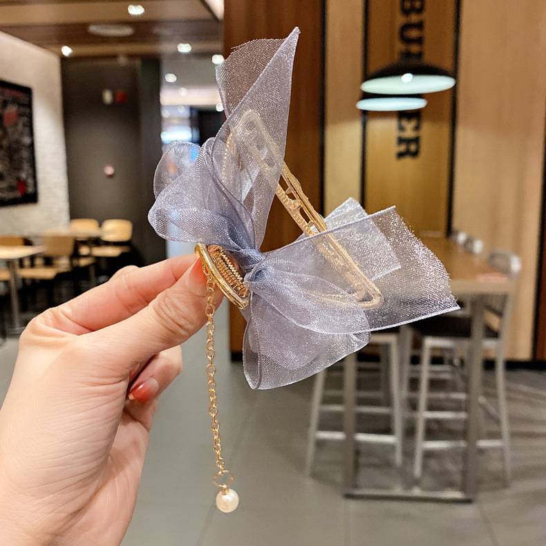 Mesh bow clip, Korean-style pearl tassel pendant hair clip, ancient style, super ethereal hair accessory, updo, shark clip pic 7