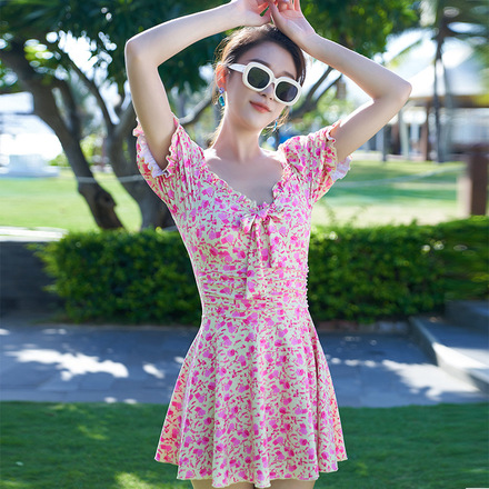 泳衣女韩国蕾丝连体泳装女遮肚显瘦保守小香风温泉度假游泳衣详情4