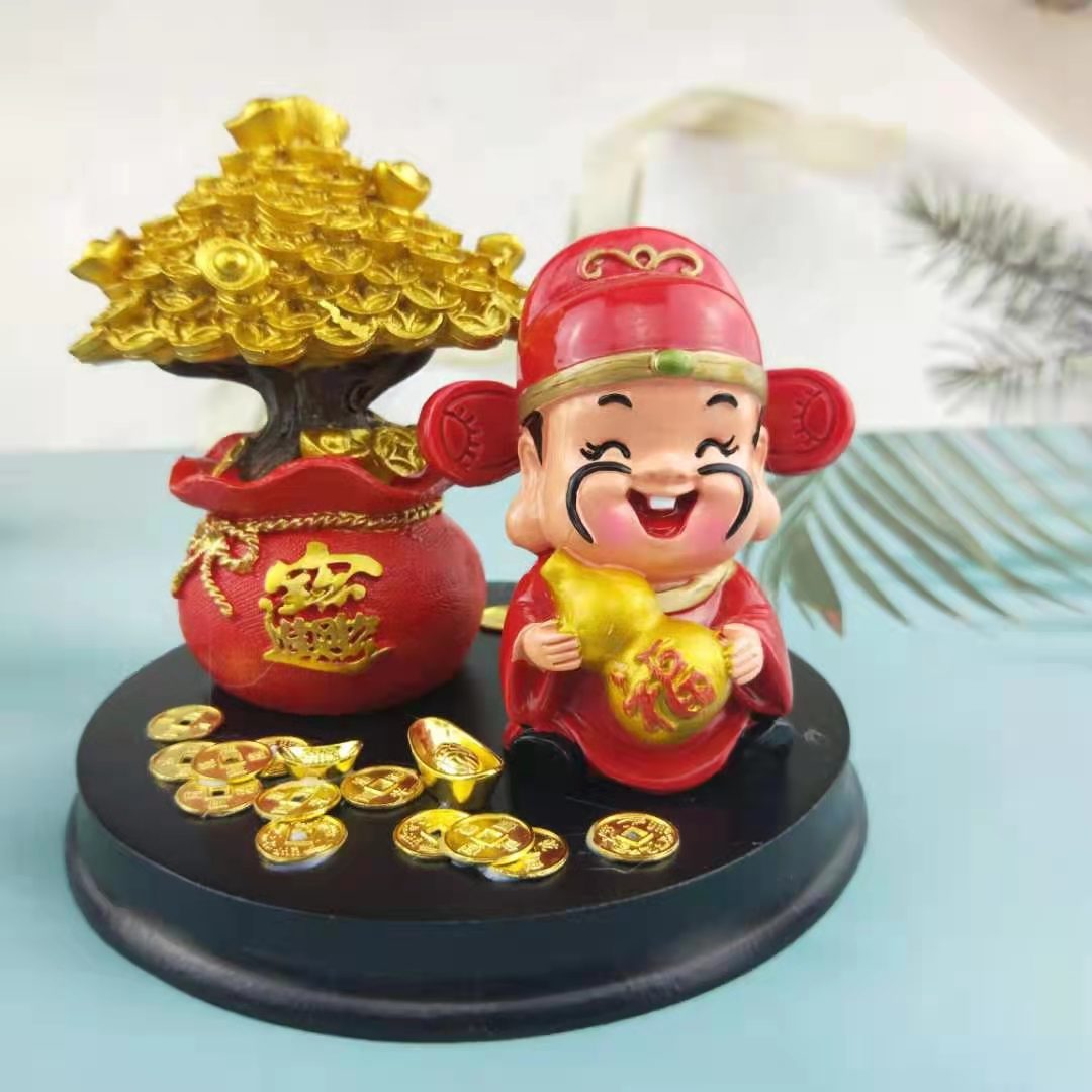 现代创意树脂工艺品财神爷发财树搭配铜钱元宝家居装饰摆件详情9