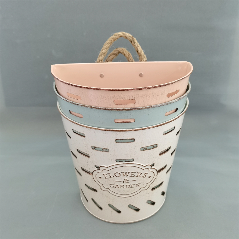 复古铁艺壁挂花盆客厅创意摆件干花桶厨房收纳桶阳台盆栽吊挂桶详情4