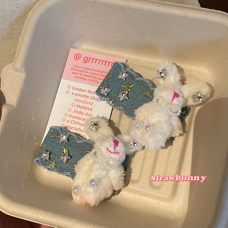 Cute plush rabbit bear denim hair clip, ins high-end colored diamond, sweet, cool, soft and cute girl large hair clip and hair accessory pic 8