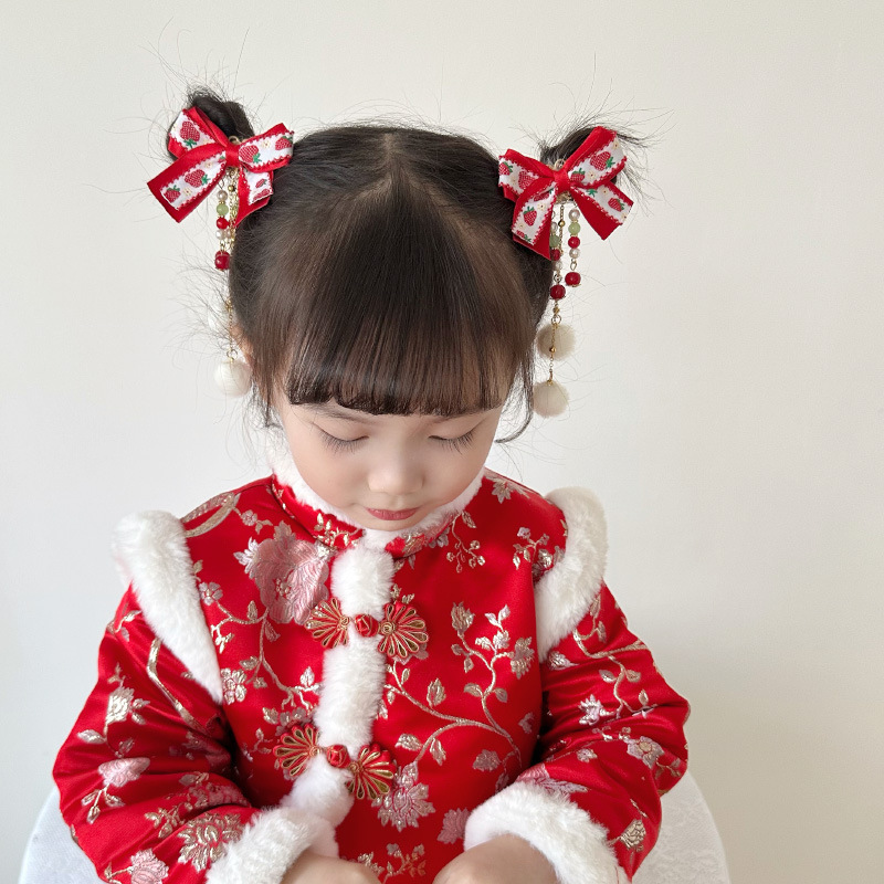 新年款红色古风流苏发夹儿童汉服发卡头饰女童复古蝴蝶结发夹发饰详情25