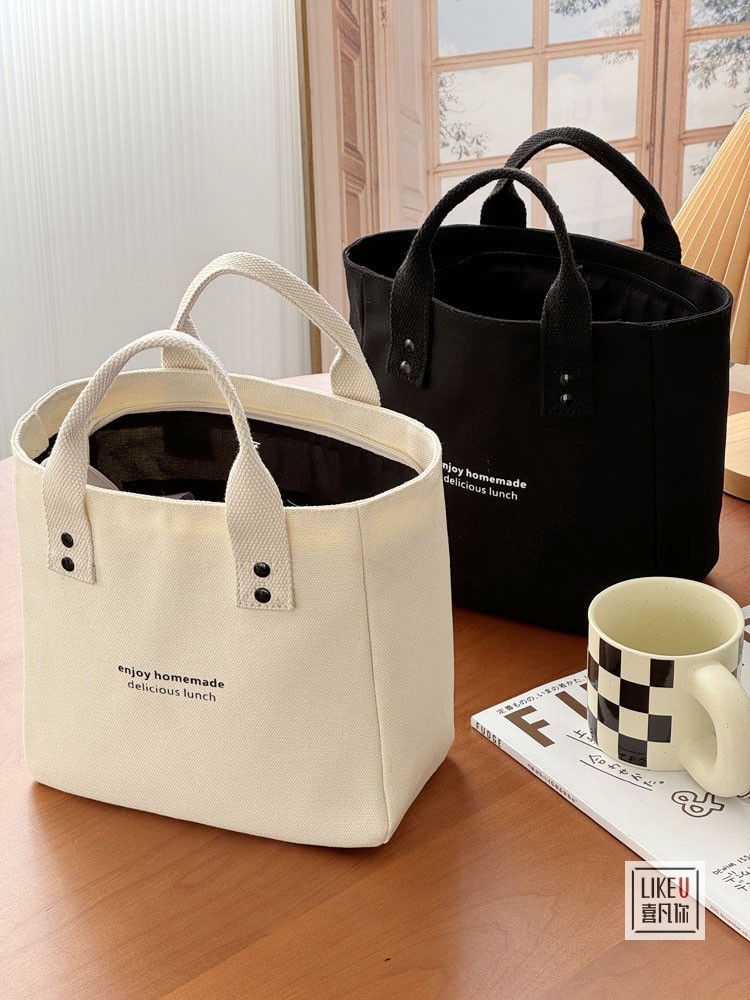 帆布纯色手提袋日式便当妈咪上班族外出带饭简约撞色时尚拎包饭盒详情6