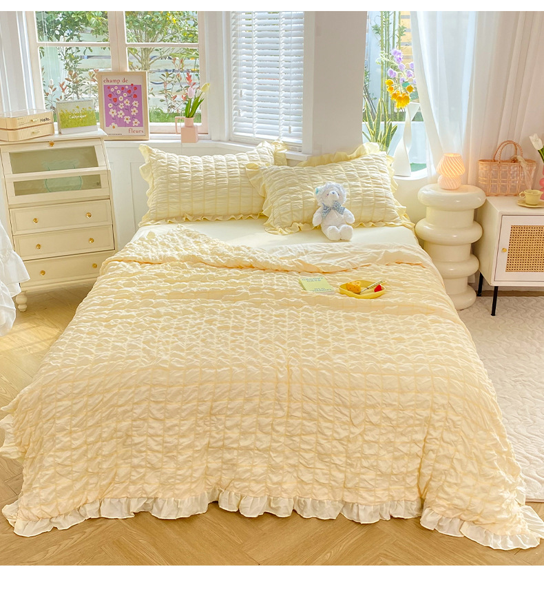 Simple style bubble gauze summer quilt four-piece set, high-end solid color washed cotton bed sheet, bed skirt, quilt cover, dormitory three-piece set pic 18