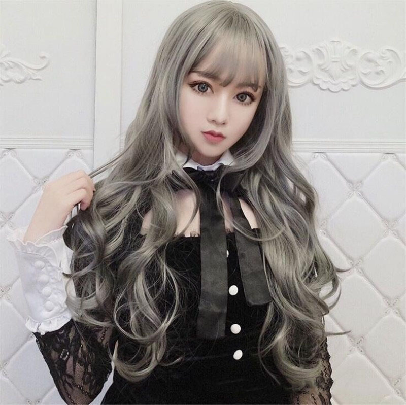 Fabricante en stock europa y Estados Unidos moda transfronteriza peluca mujer largo cabello rizado aire franja abuela gris amazon nuevos productos headset pic 7