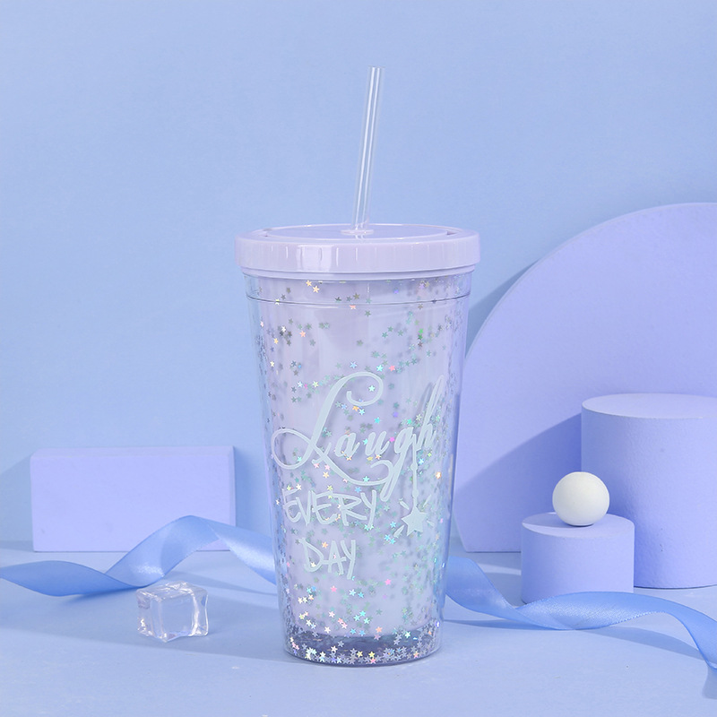 Summer new double-layer household carrying straw ice cup, popular star sequined creative plastic student gift water cup pic 10