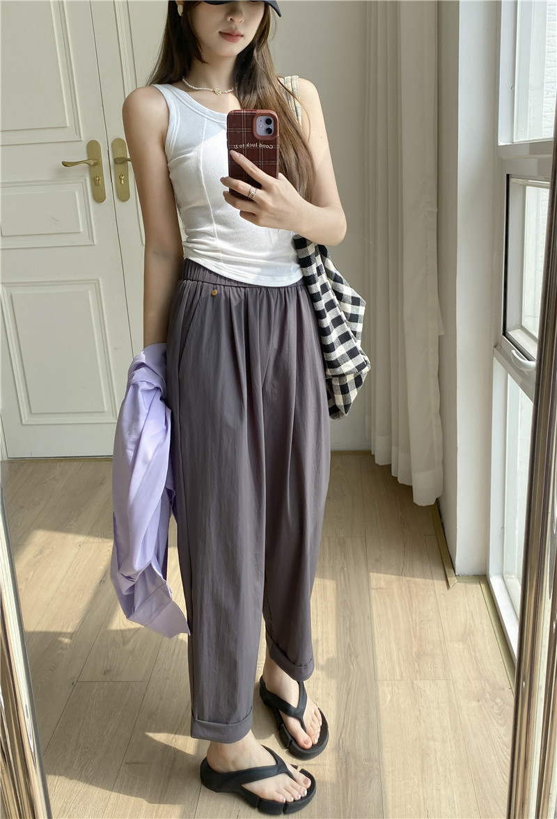 日系休闲裤子女夏薄款高腰显瘦遮肉阔腿直筒哈伦裤女速干裤九分裤详情13