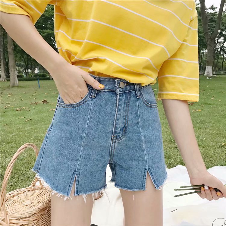 New Korean-style loose student high-waisted chic pants, hot pants with frayed edges and slit denim shorts for women pic 8