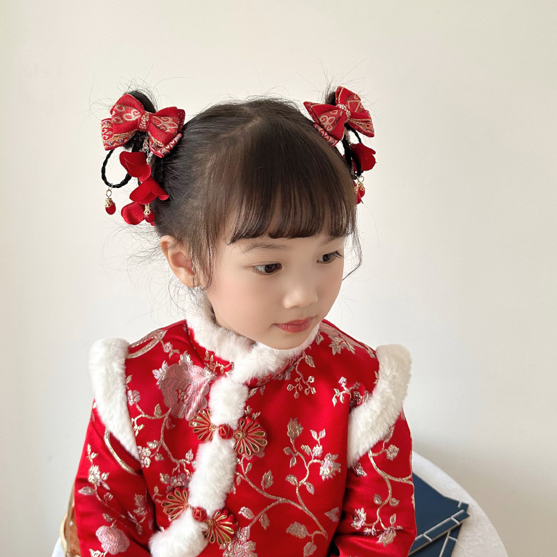 新年款红色古风流苏发夹儿童汉服发卡头饰女童复古蝴蝶结发夹发饰详情33