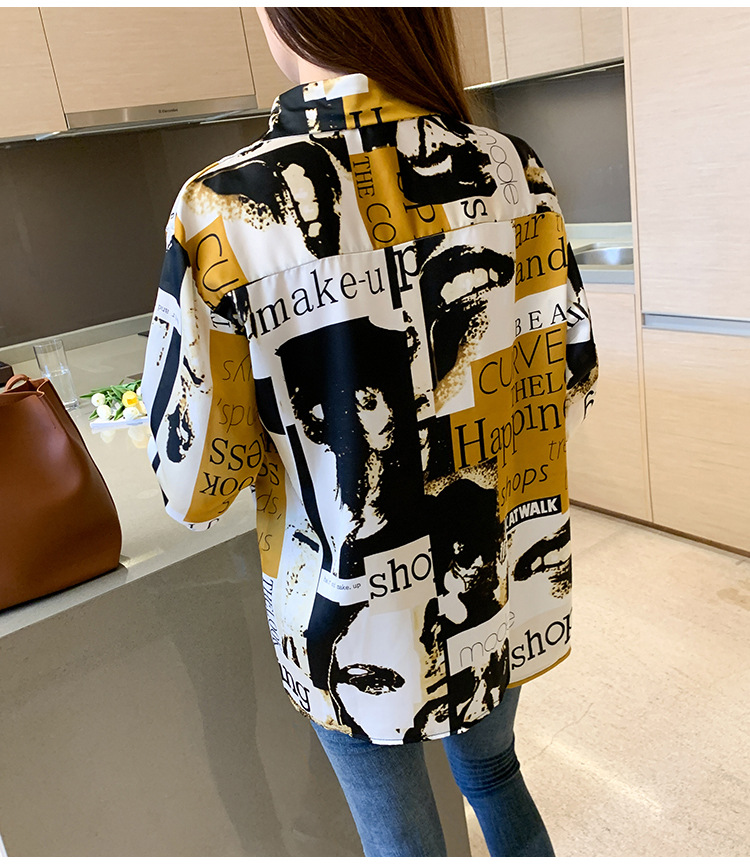 Hong Kong-style printed shirt for women, a niche design, a new 2020 early autumn style, stylish and retro Hong Kong-style chiffon long-sleeved top pic 19