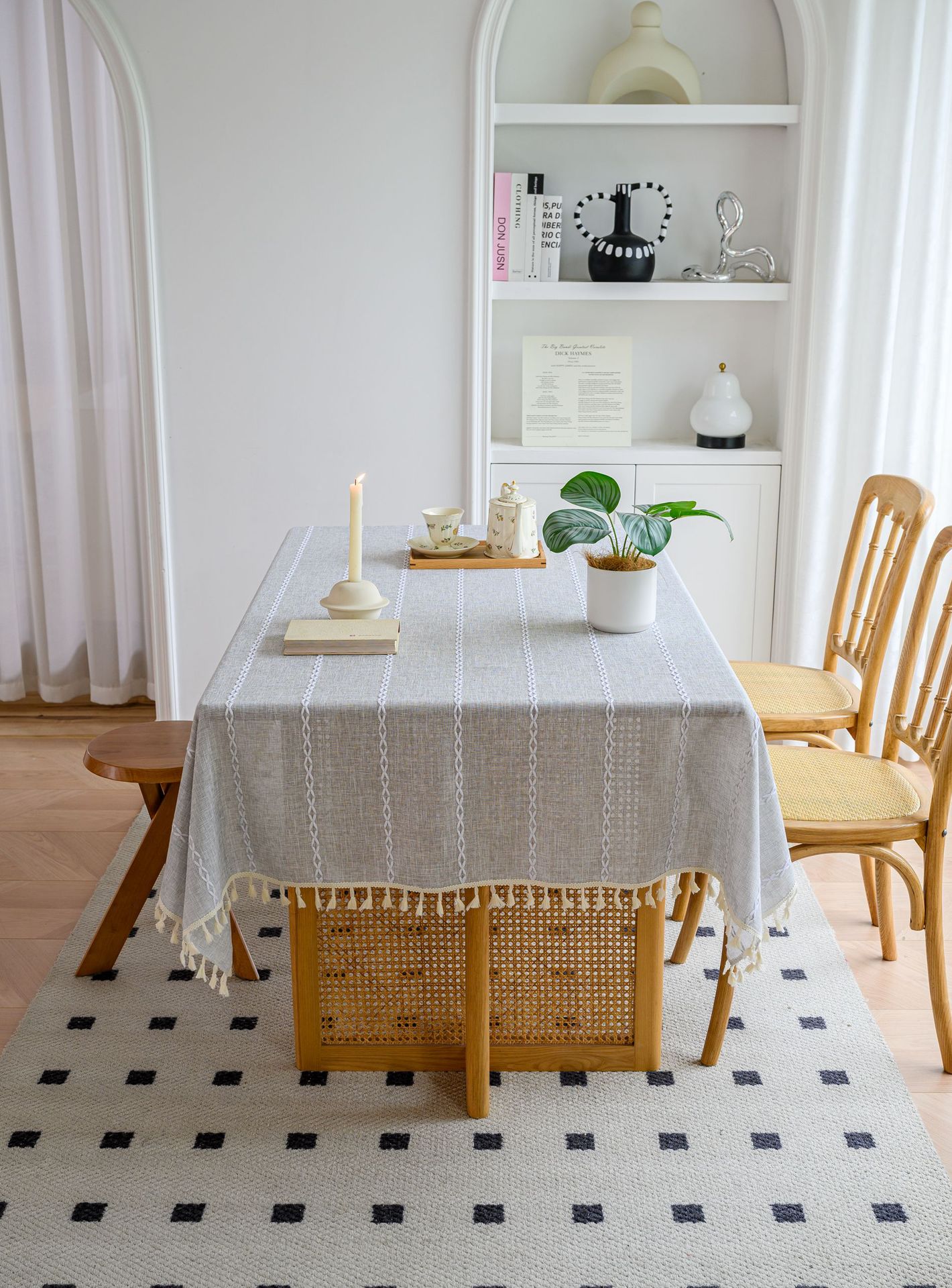 Cross-border three-dimensional embroidered striped tablecloth, popular black solid color, white cotton and linen tablecloth cover, fabric outdoor party pic 73