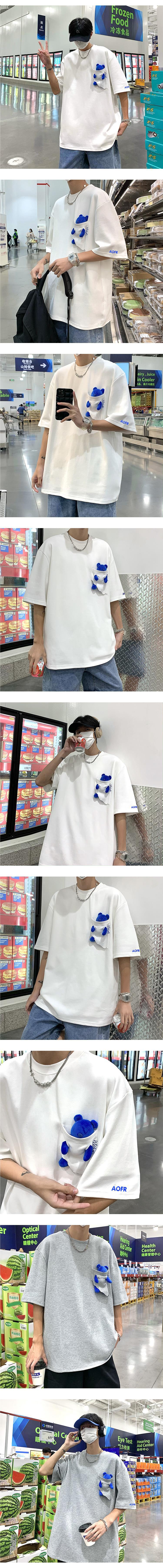 同款夏季设计感口袋小熊短袖上衣服男韩版ulzzang潮牌高街圆领五详情1
