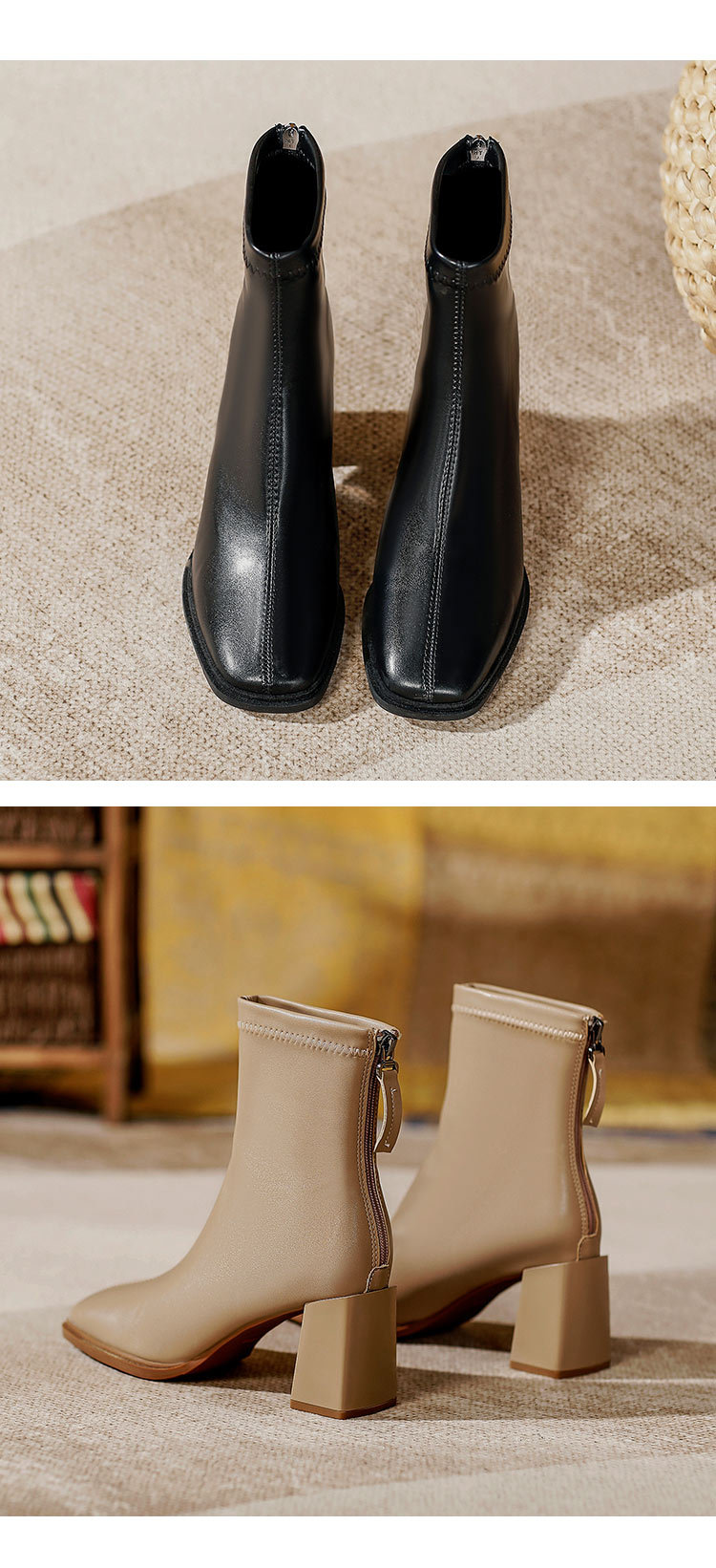 法式高跟短靴2023年新款粗跟时装靴子软皮白色春秋单靴方头瘦瘦靴详情19