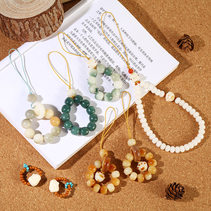 White jade Bodhi root multi-treasure prayer beads mobile phone chain, retro olive ring pendant, anti-loss creative car bag pendant pic 2