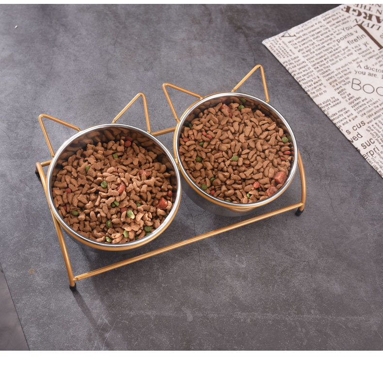 High-quality stainless steel pet bowl with iron stand to prevent knocking. Double bowl for cats, suitable for both eating and drinking. Dog food bowl pic 4