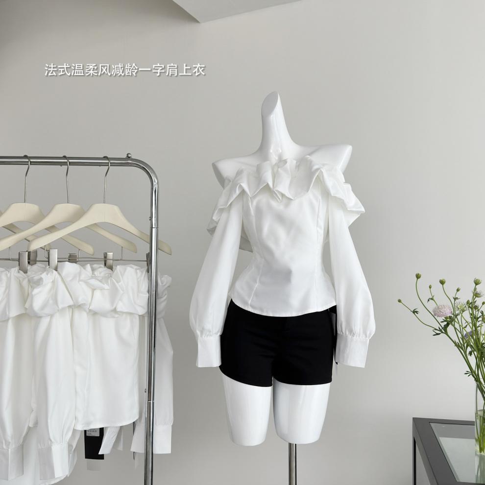 一见钟情 白色花苞领一字肩衬衫上衣女春秋季长袖衬衣详情3