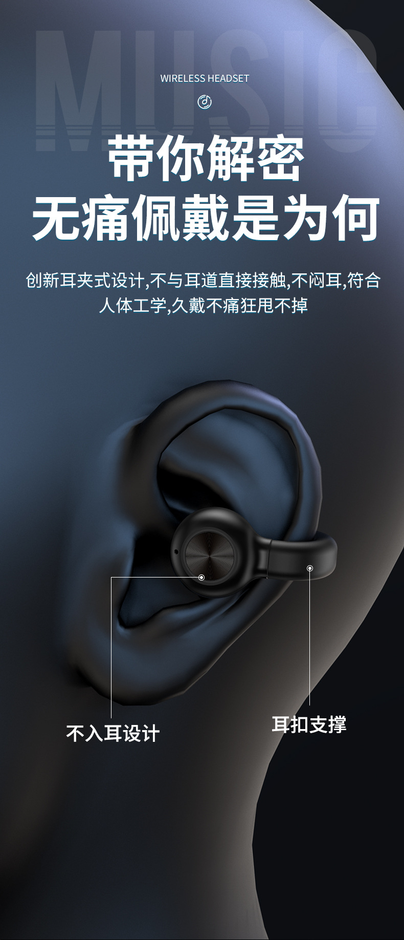 跨境私模新款Z28无线耳夹式单耳蓝牙耳机5.3超长待机续航降噪运动详情14