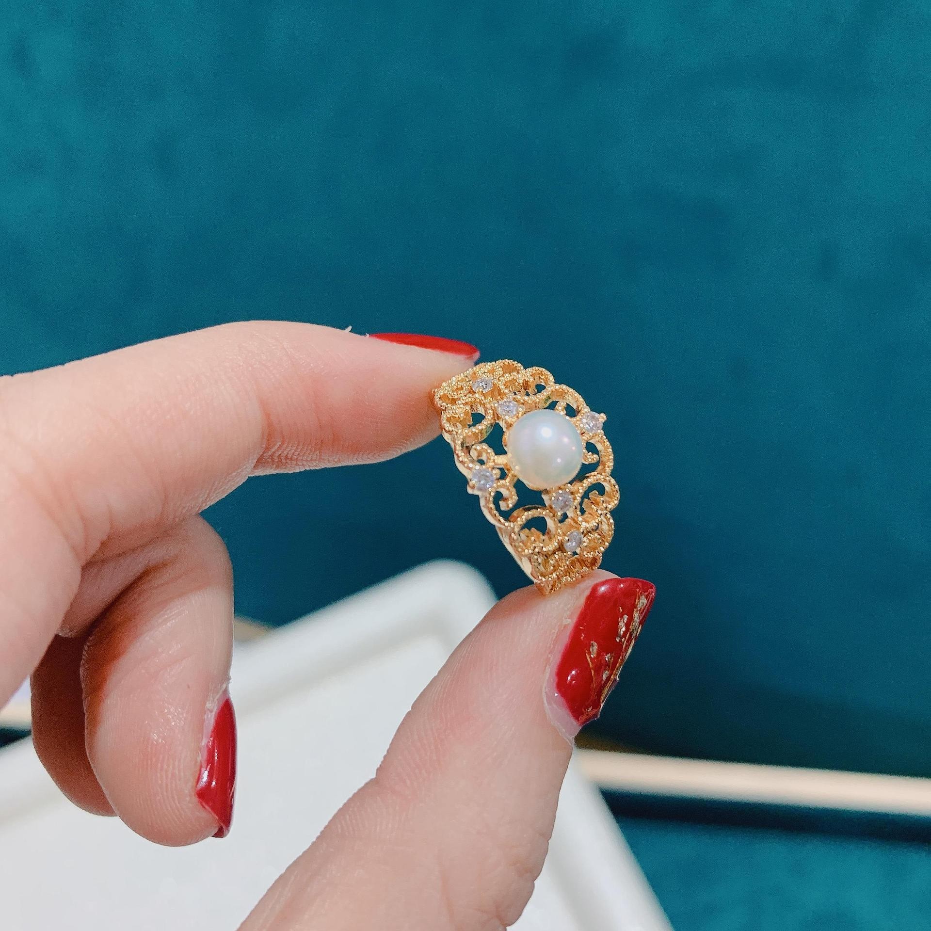 Copper-plated real gold diy pearl empty stand accessories, retro court-style ring, empty stand lace open ring, can be stuck with pearls pic 3