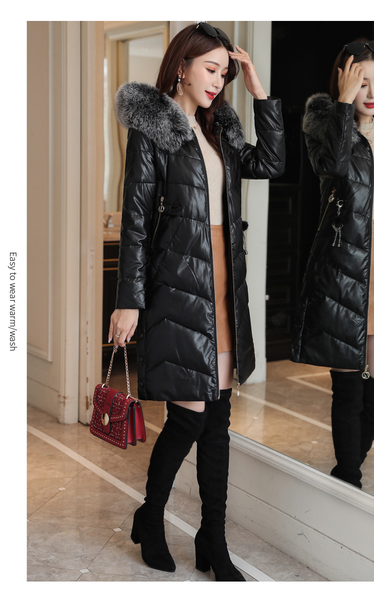 Korean winter new mid-length down cotton-padded jacket, PU leather, true fox fur collar, thickened leather coat pic 20