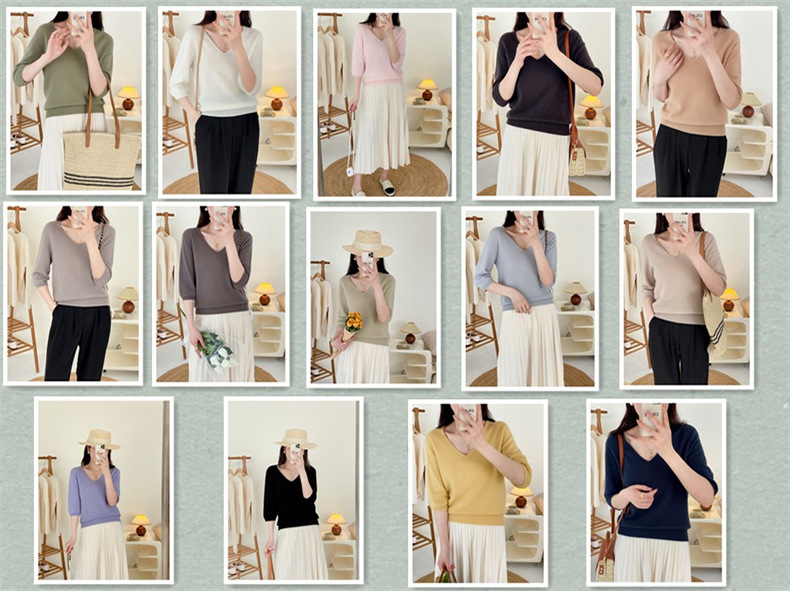 V-neck full wool knitted sweater for slimming and elegant look, seven-inch sleeve pullover wool sweater, sweater top #23127 pic 22