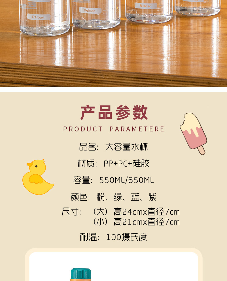 图一良品简约便携耐高温大号塑料水杯男女手提大容量吸管塑料杯商用饮料杯550ML650ML详情3