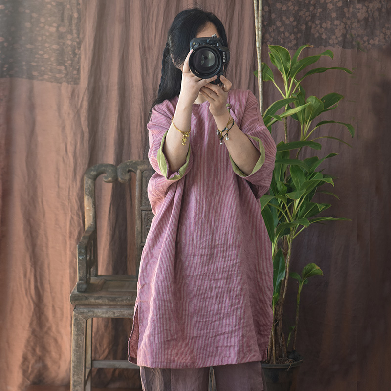 Hyacinth/Original striped contrasting color diagonal lapel hand-sewn button-up retro loose robe patchwork mid-length dress pic 5