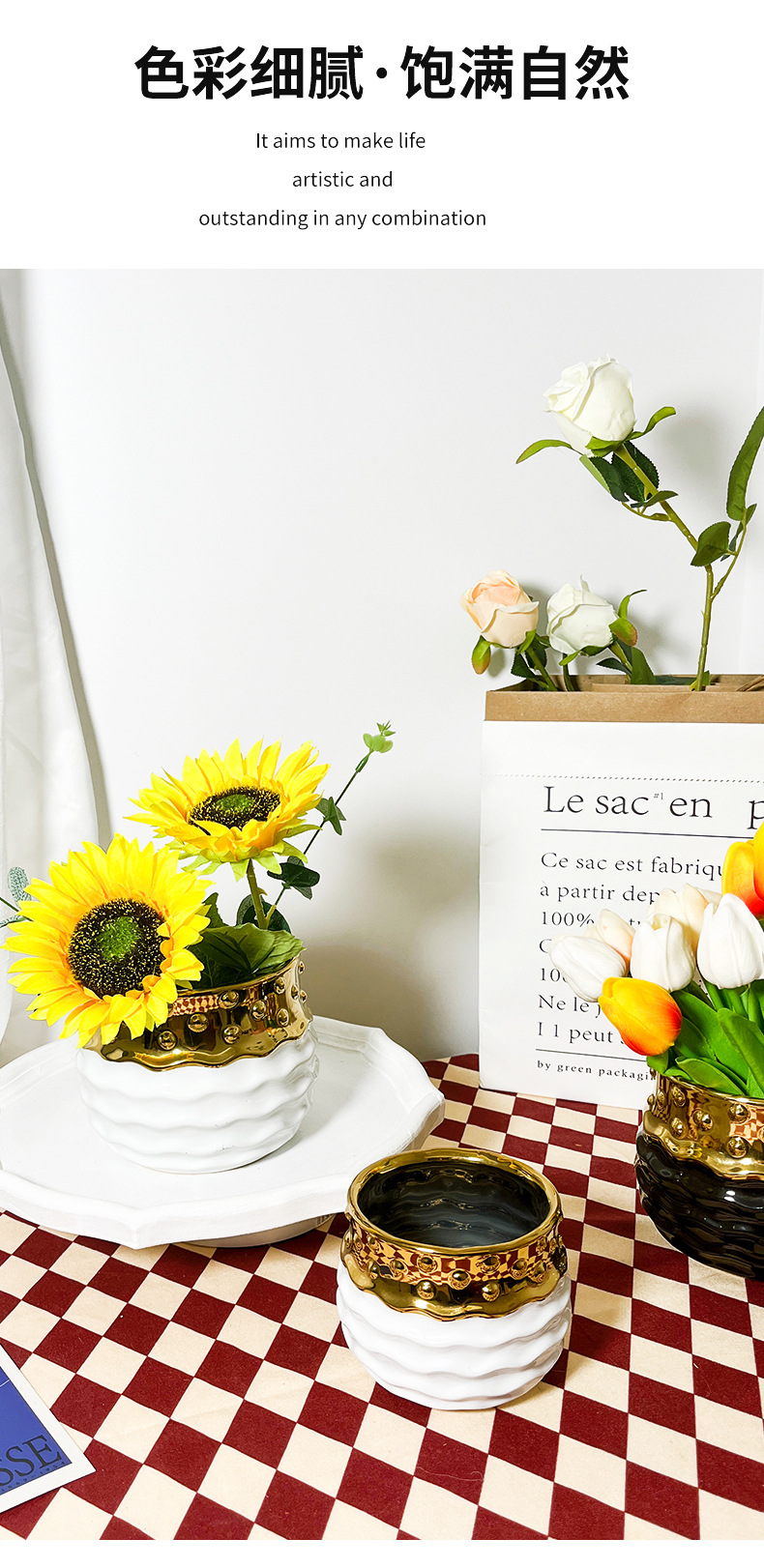 chinagoods large white ceramic flowerpot with a wide mouth, simple and personalized hotel and home tabletop, green plant dry vase, decorative item, flower arrangement pic 5