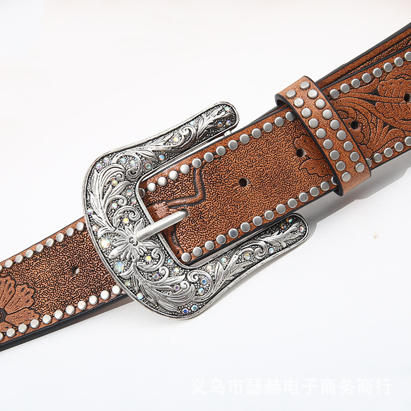 European and American style hot girl's daily brown textured niche pin buckle belt with special printed pattern patchwork belt men's dance party pic 39