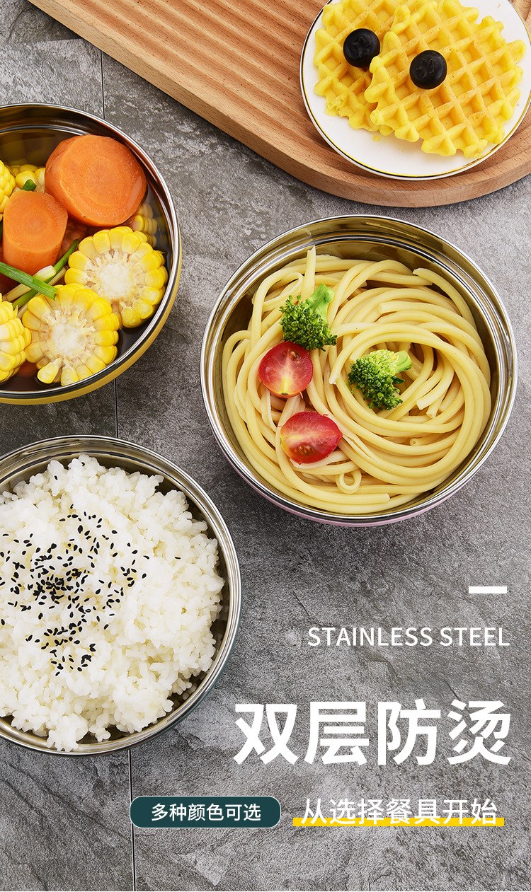 Large-capacity 304 stainless steel bowl, student Nordic colorful bowl, double-layer heat-insulating soup bowl, household cafeteria rice bowl and soup basin pic 6
