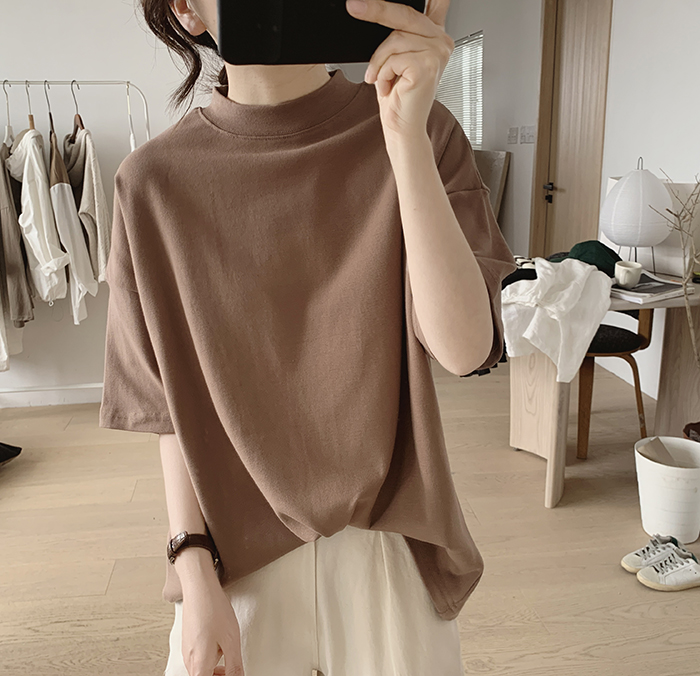 琪镌绘制半高领t恤女式春夏季新款宽松显瘦韩版简约半袖减龄棉质详情23