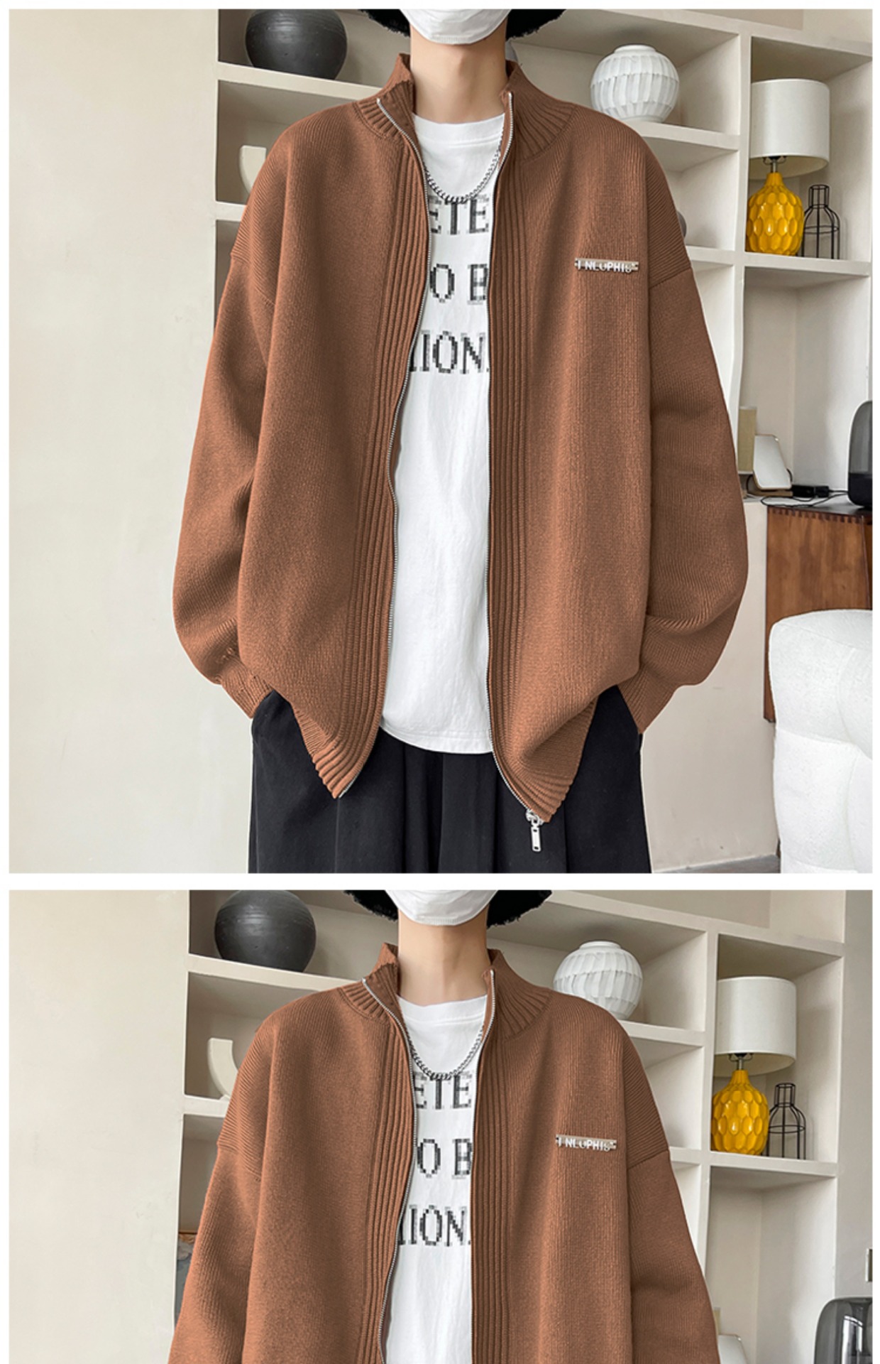 Laid-back style zipper sweater for men, autumn and winter American stand-up collar cardigan, loose trendy couple knitted sweater, casual coat pic 6