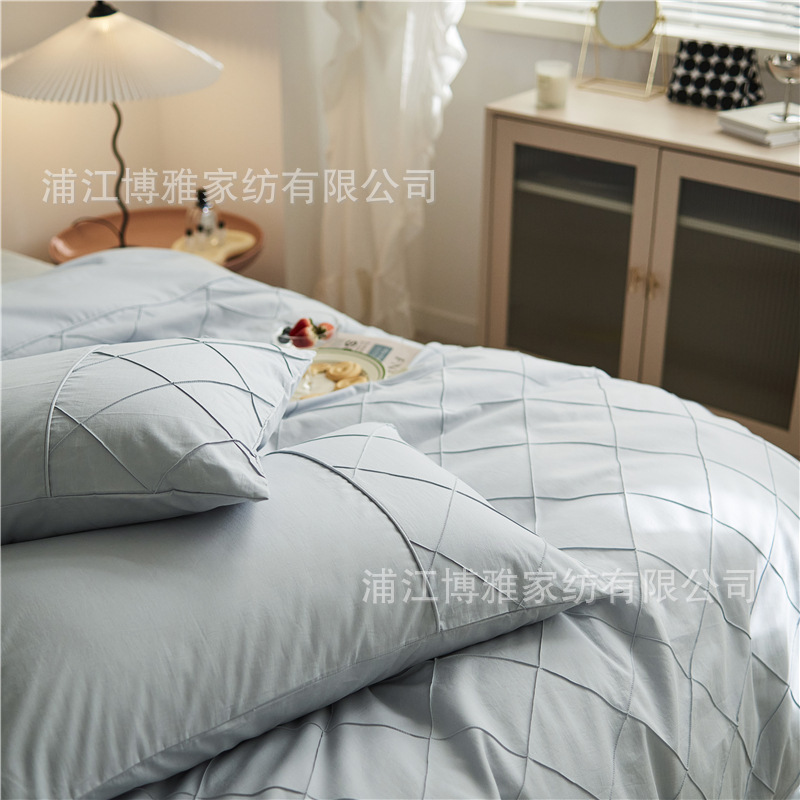 Wholesale of high-quality three or four-piece sets of washed cotton 40-count hand-knitted rhombus-shaped checkered plain pure cotton bedding pic 49