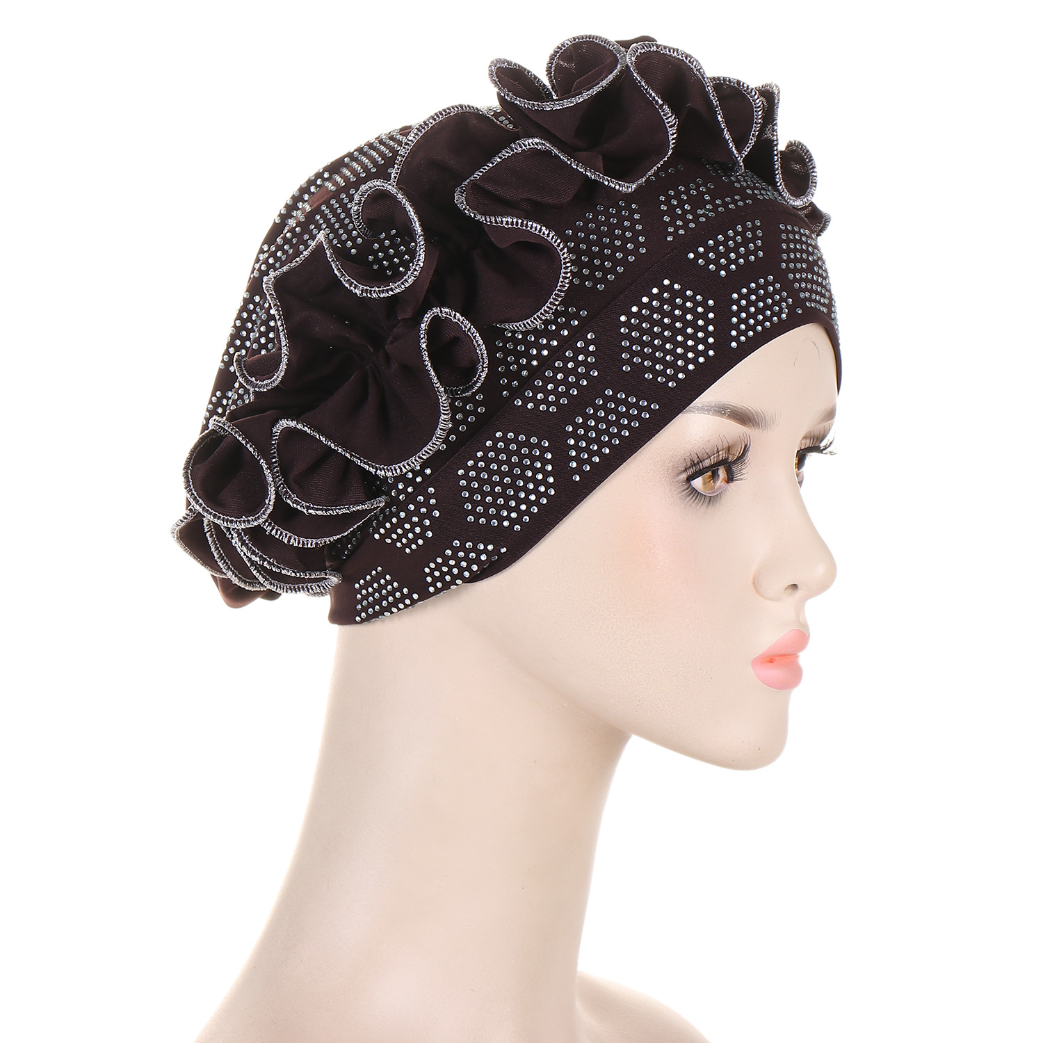 欧美 跨境新款纯色烫钻花边盘额头满帽钻头巾帽现货详情2